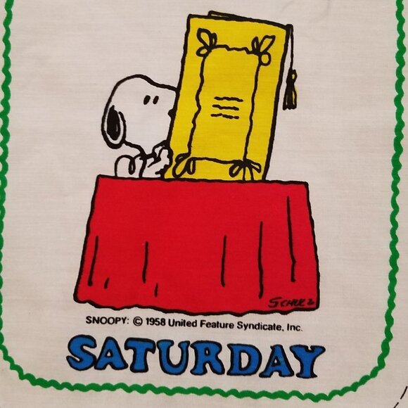 Vintage Fabric Snoopy Baby Bibs Panel Days of the Week Cotton White Background - Picture 9 of 12